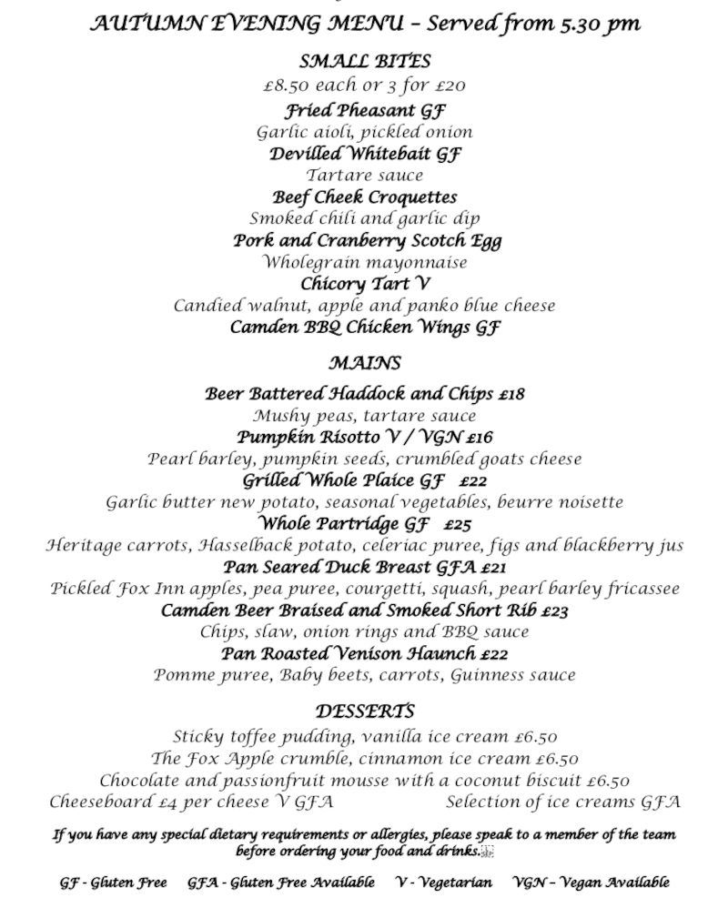 Menu | The Fox Inn Corfe Castle